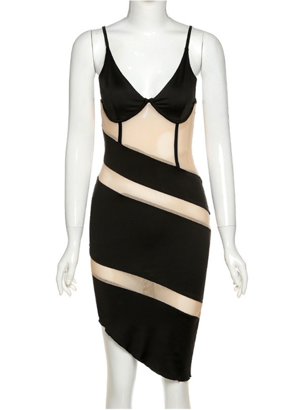 Black Sheer-Panel Midi Dress with Nude Insets - Women Dresses Midi